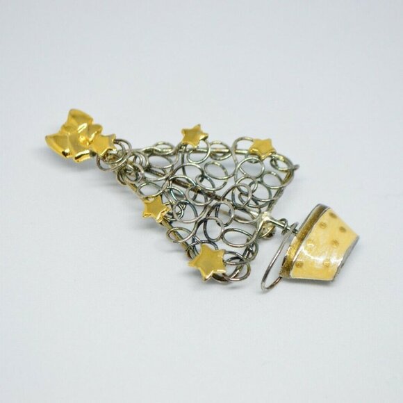 Gold Silver Tone Beige Enamel Wire Abstract Brooch - Picture 2 of 4